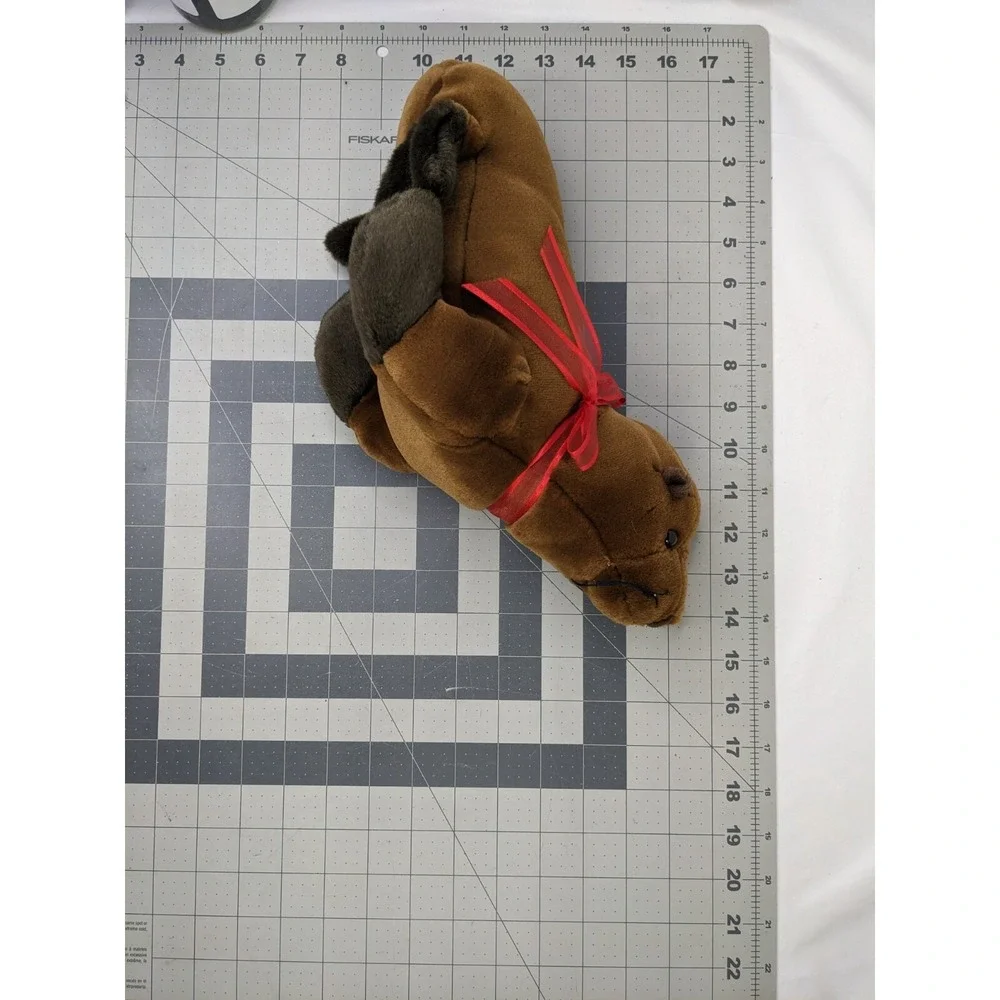 K&M Intl Brown Seal Plush Red Ribbon 13.5 Inch Long‎ 2005 Stuffed Animal Toy